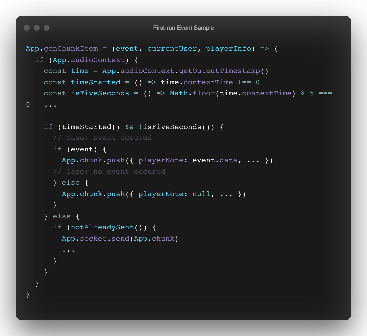 Capturing an accurate time period for each chunk hinges on the time.contextTime % 5 === 0 check